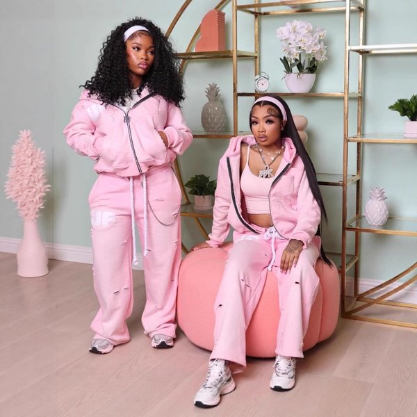 "Streetwear Hoodie Set - Edgy Cut-Out Print Sweatsuit For Women, Oversized Pullover & Joggers, Pink Sporty Two-Piece Outfit"