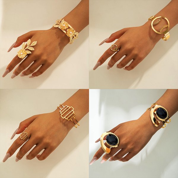 Geometric Metal Design Hollow Open Bracelet Ring Set European And American Fashion Retro Punk Style Cross-Border Jewelry-image
