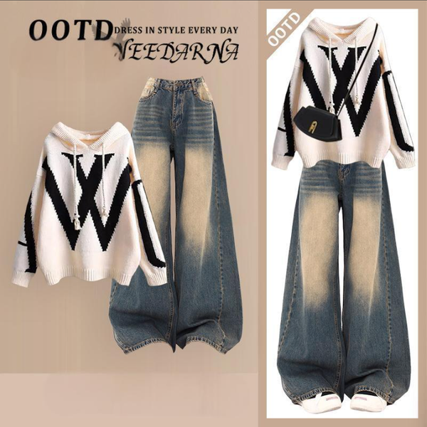 Women's Clothing New Loose Hooded Knitted Sweater With Slim Casual Wide Leg Jeans Two Piece Suit-image
