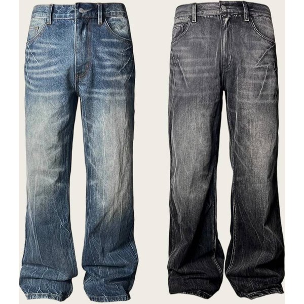 Men's Distressed Washed Straight Leg Bootcut Jeans - Vintage Denim Pants For Casual Wear (Black, Blue)-image