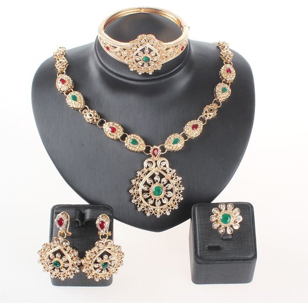 Classic Jewelry Sets Necklace Earrings Bangle Ring Set Gold Color Green Crystal Bridal Wedding Accessories For Women-image