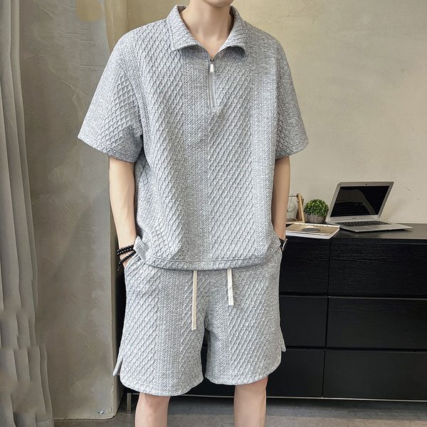 2024 Summer Men's Fashionable Loose Short-Sleeved Polo Shirt Half-Zip Sports Suit-image