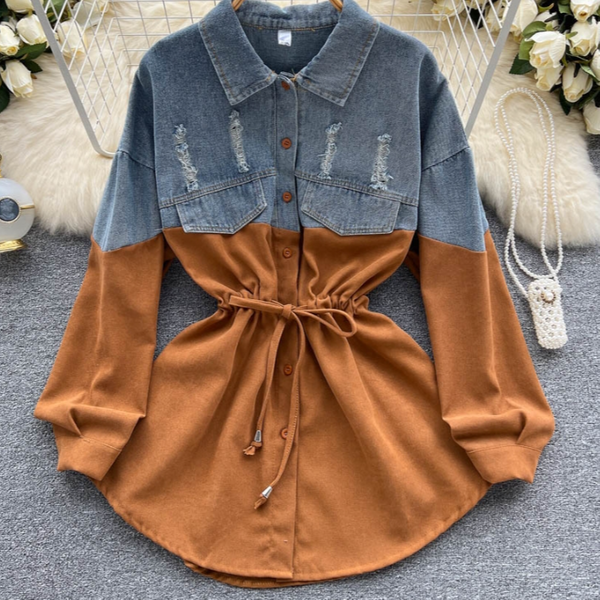 Women's Long-Sleeved Dress Spring And Autumn Women's Clothing 1 Sense Denim Splicing Contrast Color Waist-image