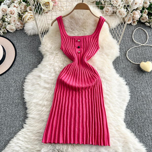 Women's Clothing Sexy Square Neck Knitted Suspender Dress Elastic Waist Slim Pleated Mid Length Skirt