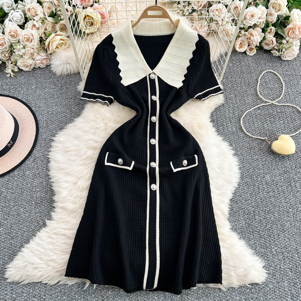 Women's Contrast Color Knit Dress - Doll Collar & Single-Breasted Design Slim Fit Mid-Length Skirt, Elegant Short Sleeve Knitted Dress-image