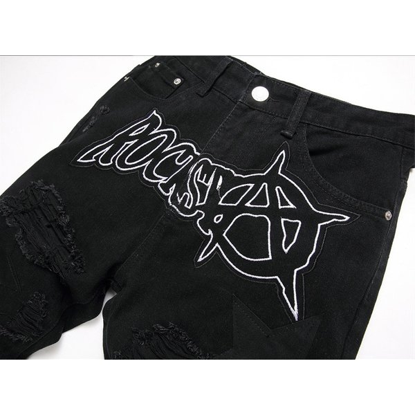 Man's Clothing Black Ripped Applique Embroidered Jeans Elasticless Loose Straight Leg Jeans For Men-image