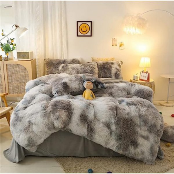 Fluffy Duvet Cover Set , Luxury 3 Pieces Cozy Plush Long Shaggy Fluffy Bedding Set With Zipper Closure, Comforter Not Included-image