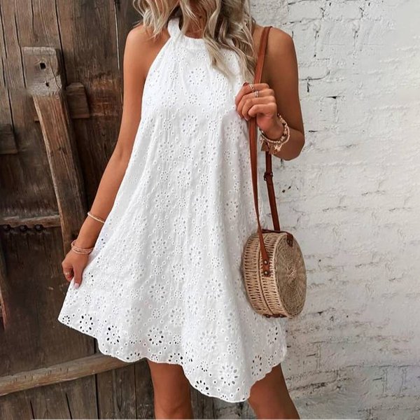 Women's Lace Solid Colour Sleeveless Button Up Neck Dresses
