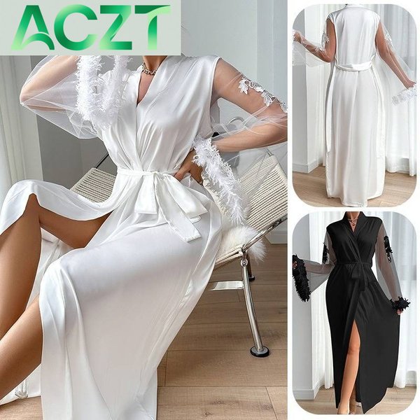 Choiceness Men's Sleep Satin Pamas Women Lace Light Long Sleeved Cool Nightgown Bathrobe Home Clothes-image