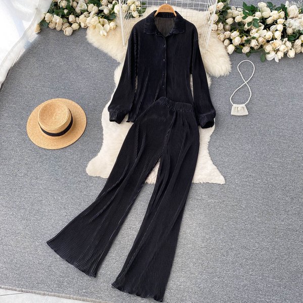 Women's Elegant Socialite Two-Piece Suit For Women, Summer Fashion, Fashionable Long-Sleeved Shirt Top, 1-Waist Drape Casual Pants-image