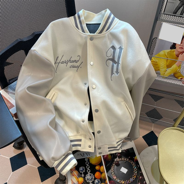 Vintage Embroidered Baseball Jacket With Leather Sleeves – Men's & Women's Oversized Bomber Coat, Casual Streetwear, Retro Loose Fit