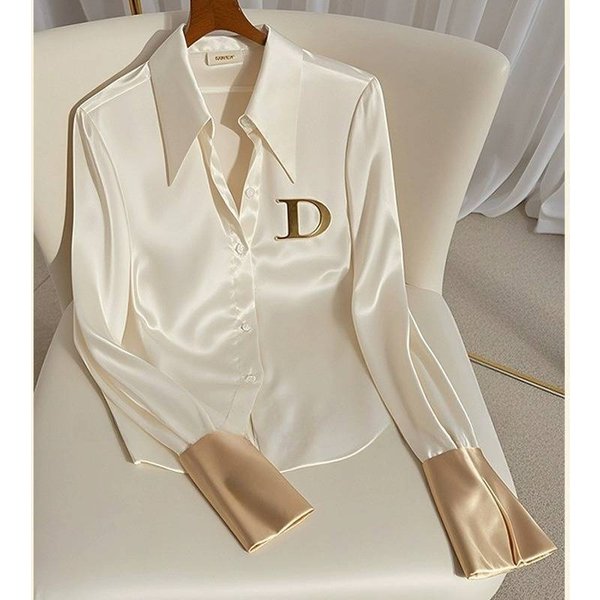 Women's Clothing Early Autumn Fashionable High End Tops Mogo Fish Yuanchuang Niche Unique Unique Cool White Acetate Satin Shirt-image