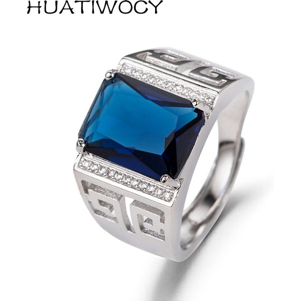 Fashion Men Ring with Sapphire Zircon Gemstone Accessories Sier Jewelry Open Finger Rings Wedding Party Gifts Wholesale