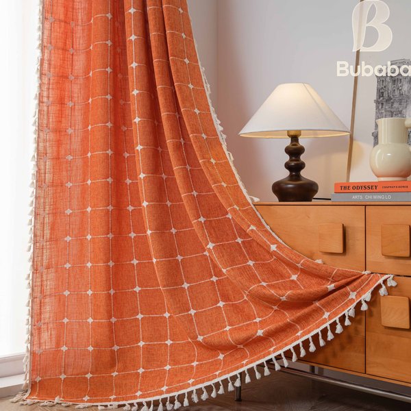 Feimao Cross-border Best-selling Thick Cotton-linen Curtains, Plaid Blackout For Living Room And Balcony, Color-blocked
