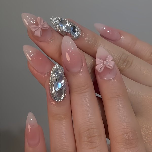Flashing Diamond Bow Almond Shaped Short False Nails - Sweet & Cool Wearable Nails With New Technology (European & American Style)-image