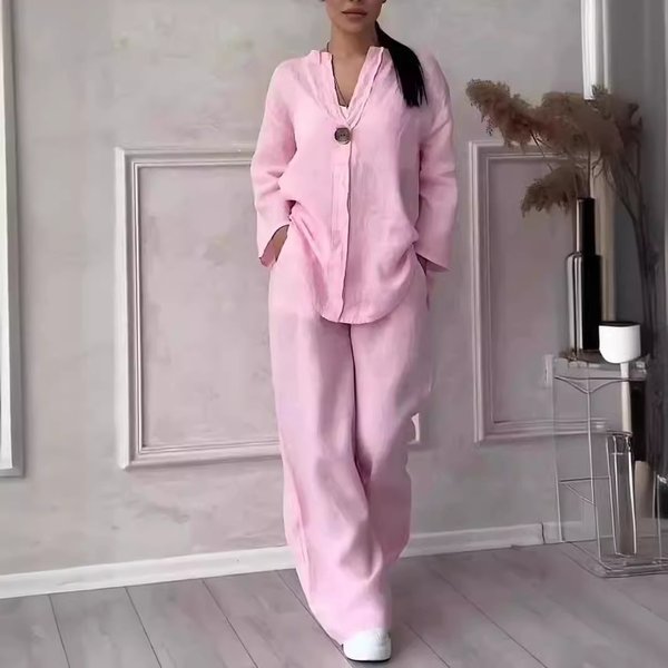Women's Casual Linen Blend Long Sleeve Top & Wide Leg Pants Set - Breathable Comfortable Outfit For Work & Daily Wear-image