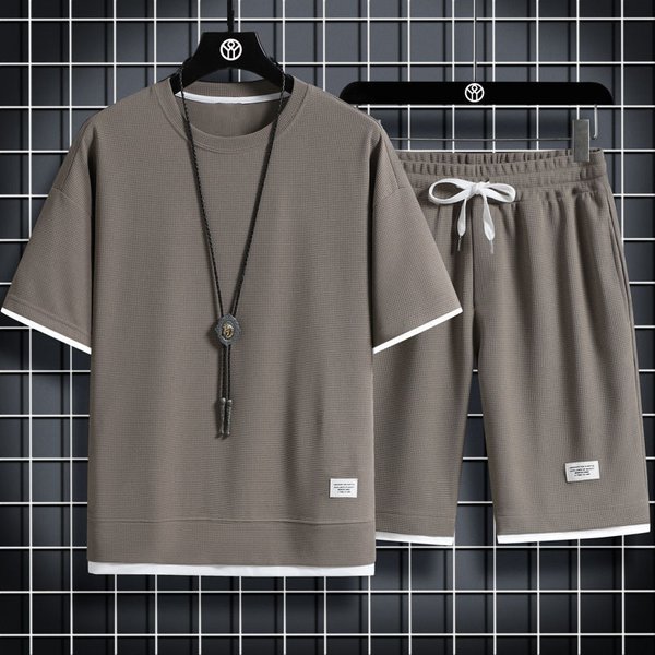 Waffle Short Men's Casual Sports Summer Loose Half Sleeve T-shirt Two Piece Set