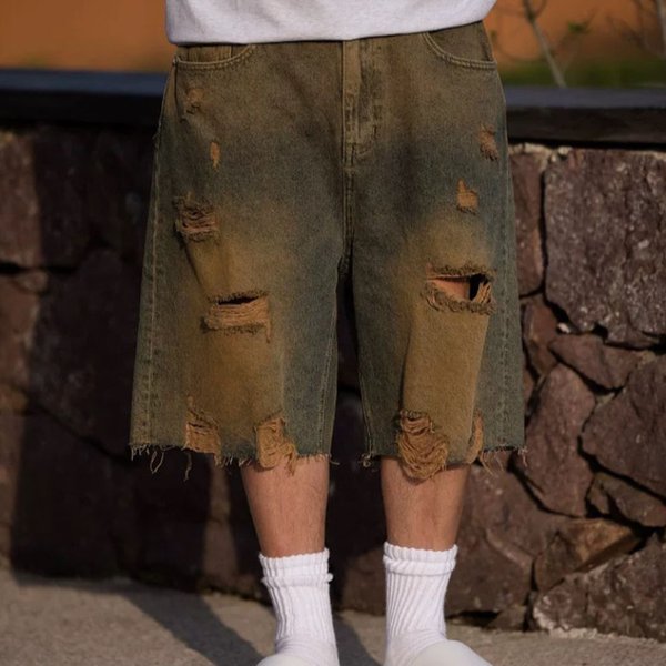 Men's Summer Denim Shorts Trendy High Street Retro Distressed Loose Straight Leg Mid Length 5/8