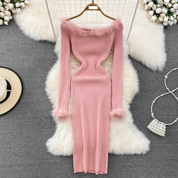 Women's Clothing Autumn and winter French retro temperament fur splicing one shoulder off shoulder slim fit hip wrapped bottoming knitted dress
