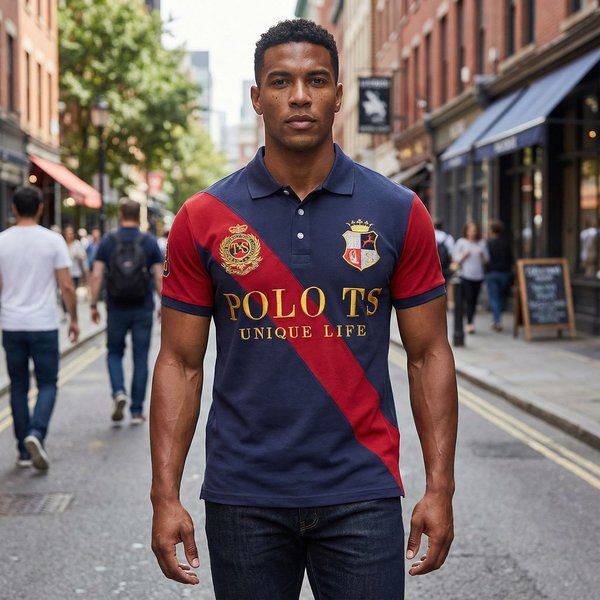 New British Style Sports Polo Shirt For Men, Short Sleeve, Cross-Border Casual, Asymmetric Patchwork, Color Block,