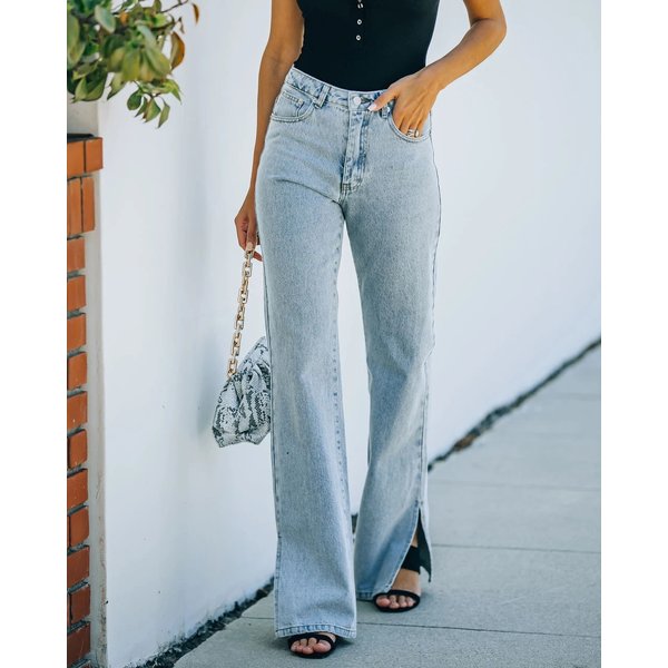 Women's Clothing Washed Slit Internet Celebrity Strict Mid Waist Temperament Wish Denim Trousers Casual Pants