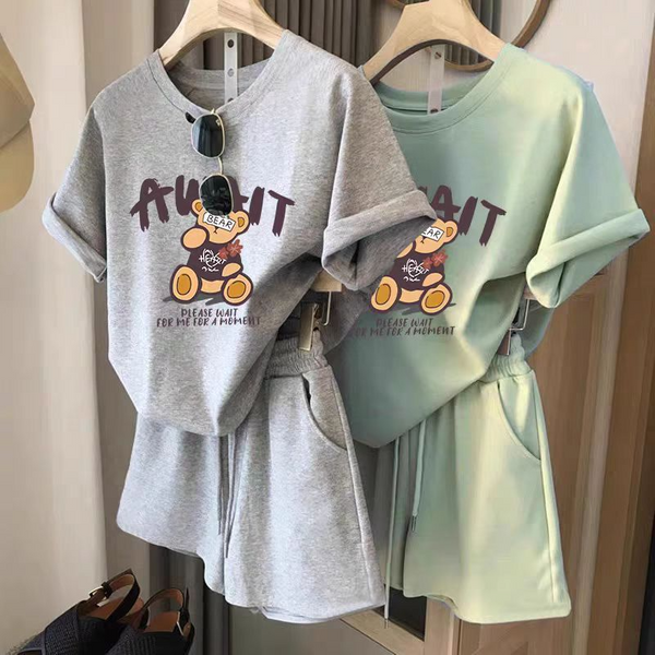 Women's Clothing Leisure Sports Suit Loose Round Neck Short Sleeves And Shorts Fashionable Two Piece Suit-image