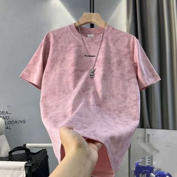 Summer Men's Short Sleeve T-Shirt Solid Color Simple Trendy High End Tie Dye Letter Print Breathable Polyester Top-image