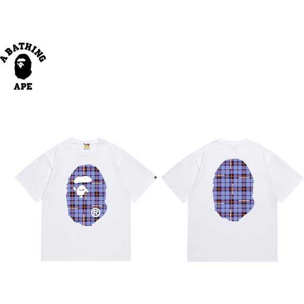 A BATHING APE BAPE-Ape Man Head Plaid Printed Pattern On Pure Cotton Short Sleeved Shirt