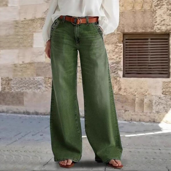 Women's High-Waisted Wide-Leg Jeans – Vintage Washed Denim With Multi-Button Detail For Casual & Streetwear