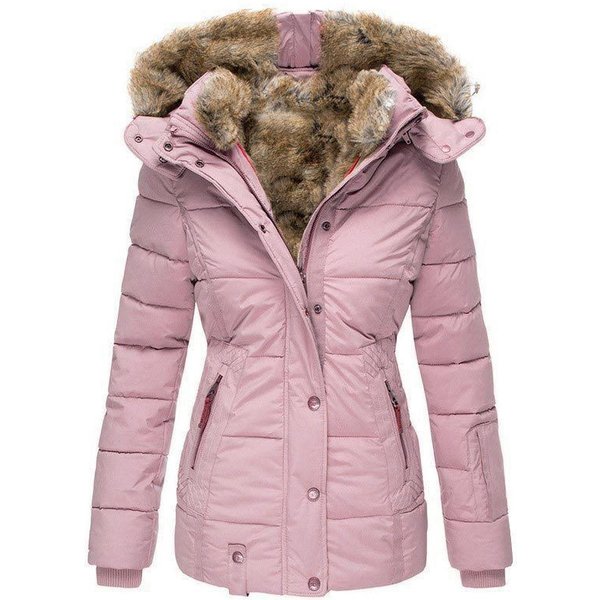 Women's Clothing winter warm fur collar cotton coat women's zipper long sleeved slim hooded cotton coat