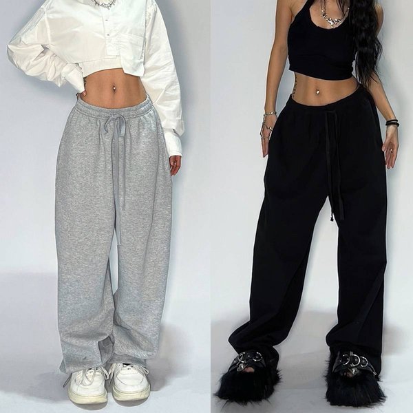 Women's Classic Gray And Black Casual Sports Pants, Loose-fitting Long Pants, Street Style Jogging Pants, Straight-leg Sweatshirt Sweatpants