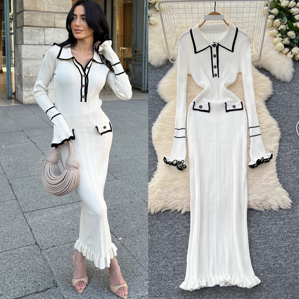 Women's Clothing dress for women fashion contrast color lapel long sleeves slim fit knitted skirt knee length skirt
