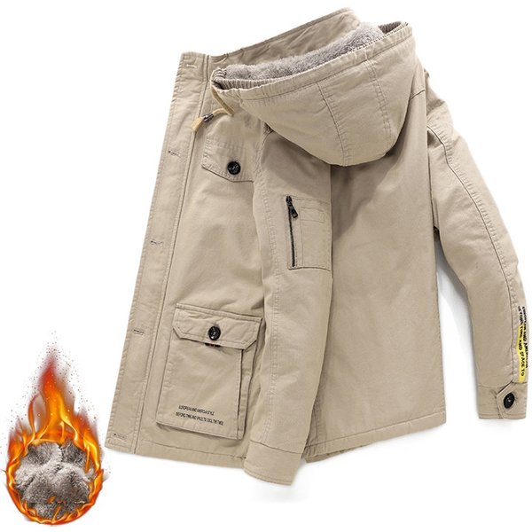Men's Winter Cotton Jacket With Fleece Lining, Workwear Style Long Coat For Cold Weather, Loose Fit Plus Size Hooded Parka