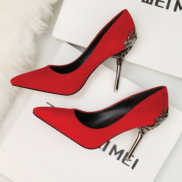 Women's Pointed Toe Single Shoes Women's Shoes Wedding Shoes Red Bridal Shoes Metal Hollow Suede Stiletto High Heels-image