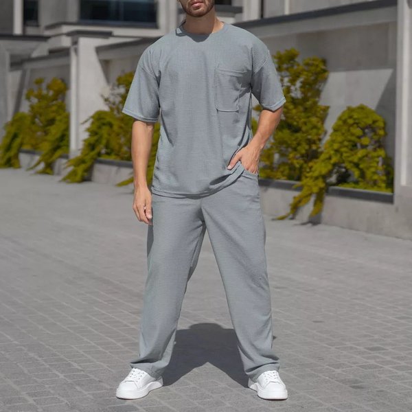 "Men's Waffle Knit Short Sleeve Set – Breathable Loose Fit Crew Neck T-Shirt & Casual Pants (Black/Grey/Khaki/Green, Sizes S-XXXL)"-image