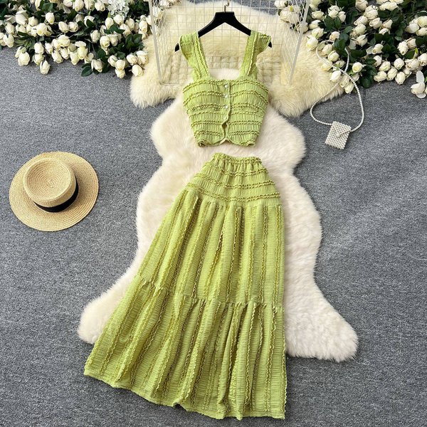 Fresh Spring And Summer Vacation Style Short Small Flying Sleeve Suspender Top + High Waist Pleated Skirt Two-Piece Suit-image