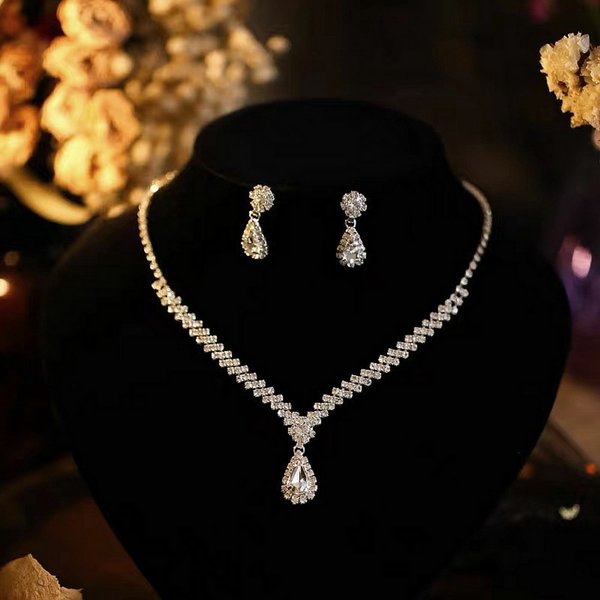 Qianbihe 1 Set Bridal Necklace Earrings Water Drop-Shaped Rhinestone Jewelry Korean Style Sparkling Jewelry Set For Wedding-image