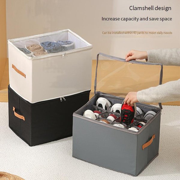 Foldable Shoe Storage Box With Lid & Dividers - Clear Multi-Purpose Organizer For Shoes Clothes & Small Items-image