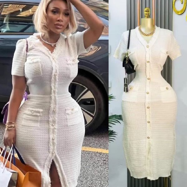 Elegant Temperament V Neck Tassel Knitted Dress Short Sleeved Slim Fit Style For Women