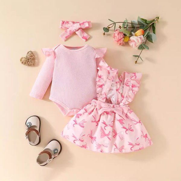 "3-Piece Baby Girl Dress Set With Ruffled Sleeves, Bow Details & Overalls – Soft Cotton Knit, Cute Animal & Floral Prints (80-100Cm, 1-3 Years)"-image