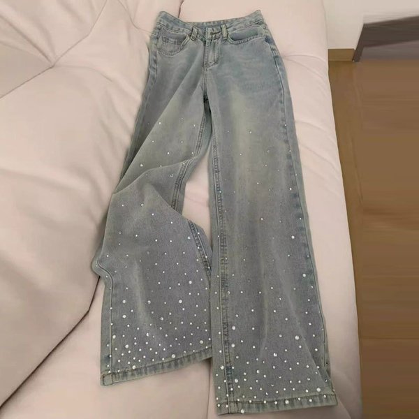 Jeans For Women With Floor Length Pants For Fat Girls, Light Colored, Design, Heavy Duty Hot Diamonds, High Waist, Loose Wide Leg Straight Pants-image