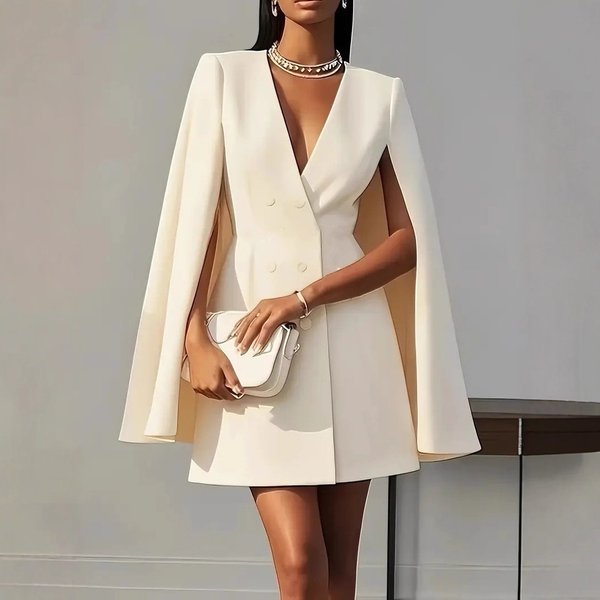 Women's Clothing Solid Color Suit Dress Elegant Double-Breasted Cape Blazer Dress For Women - Versatile Office & Casual Wear In Soft Colors-image