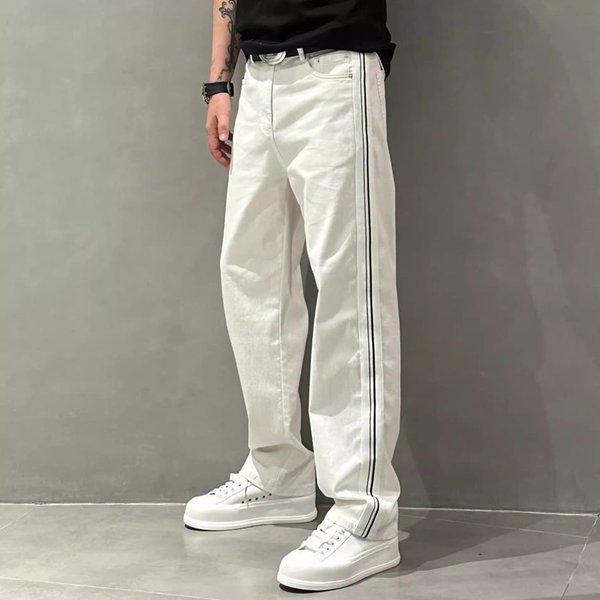 Men's Clothing Striped Stitching Straight Casual Pants Fashionable Loose White Jeans Men's Trend