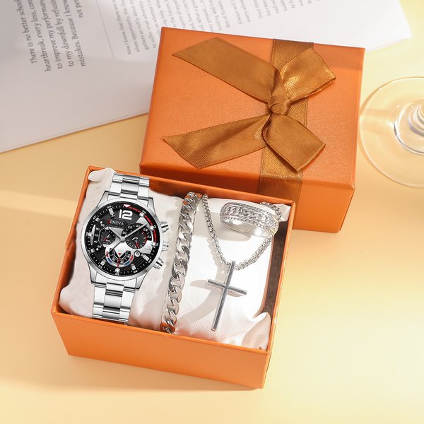 Men's Watches New Fashion Business Men's Watch Calendar Watch Men's Steel Watch Business Bracelet Set-image