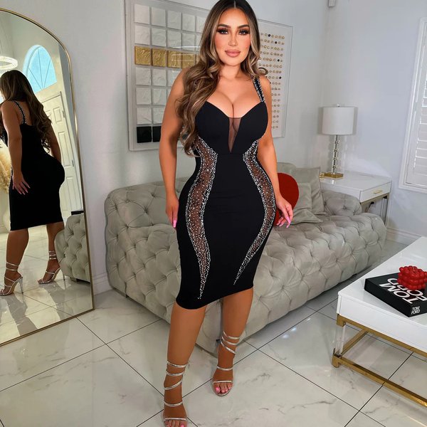 Women's Clothing Sexy Hot Diamond Stitching Hollow Perspective Hip Wrapped Elastic Slim Suspender Dress