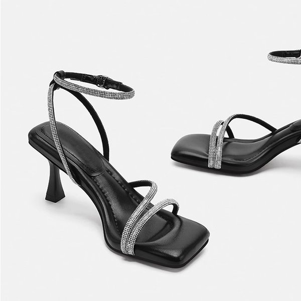 Rhinestone Strap High-heeled Shoes For Women, 2025 Autumn New Style, Square Toe, Stiletto Heel, Comfortable French-style
