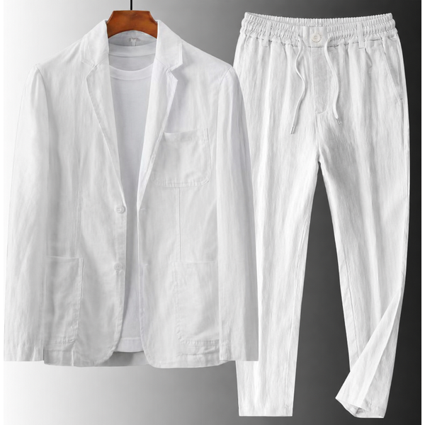 Men's Casual Linen Suit Set – Slim Fit Two-Piece Blazer & Pants For Spring/Summer (White/Black/Beige, M-4XL)