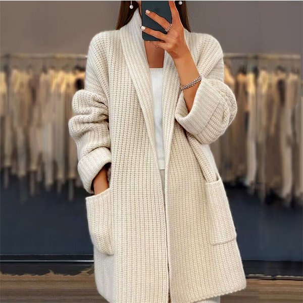 Women's Clothing Thickened Solid Color V Neck Knitted Cardigan Loose Pocket Sweater Jacket-image