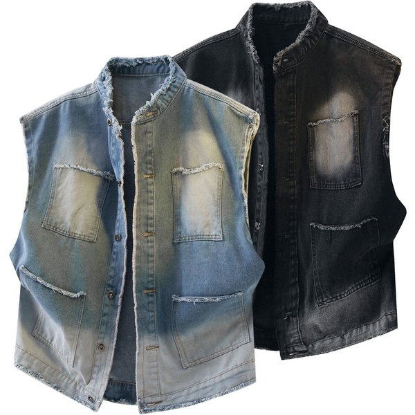 Men's Trendy Hong Kong Style Denim Vest Upgraded Fabric Summer Workwear Jacket-image
