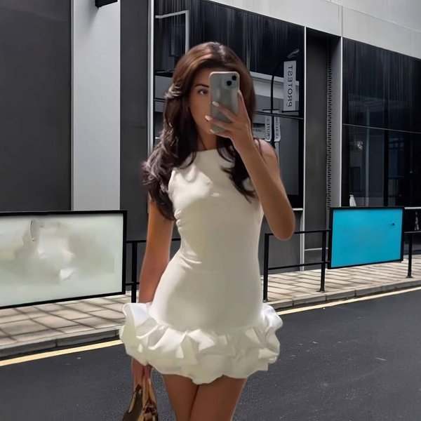 Women's Clothing Solid Color Wood Ear Edge Splicing Bud Skirt Autumn Fashion Sleeveless Round Neck Suspender Short Skirt-image